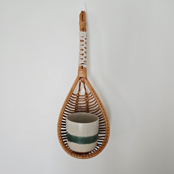 Hanging planter cache-pot rattan bamboo wicker ceramic pot macramé hook - Picture 2 of 7